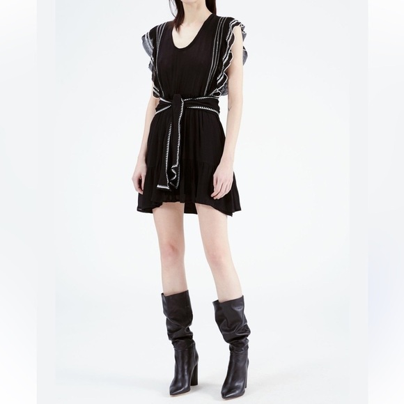 IRO Scoop Neck Black Belted Mini Dress with White Embroidered FR Size 38
